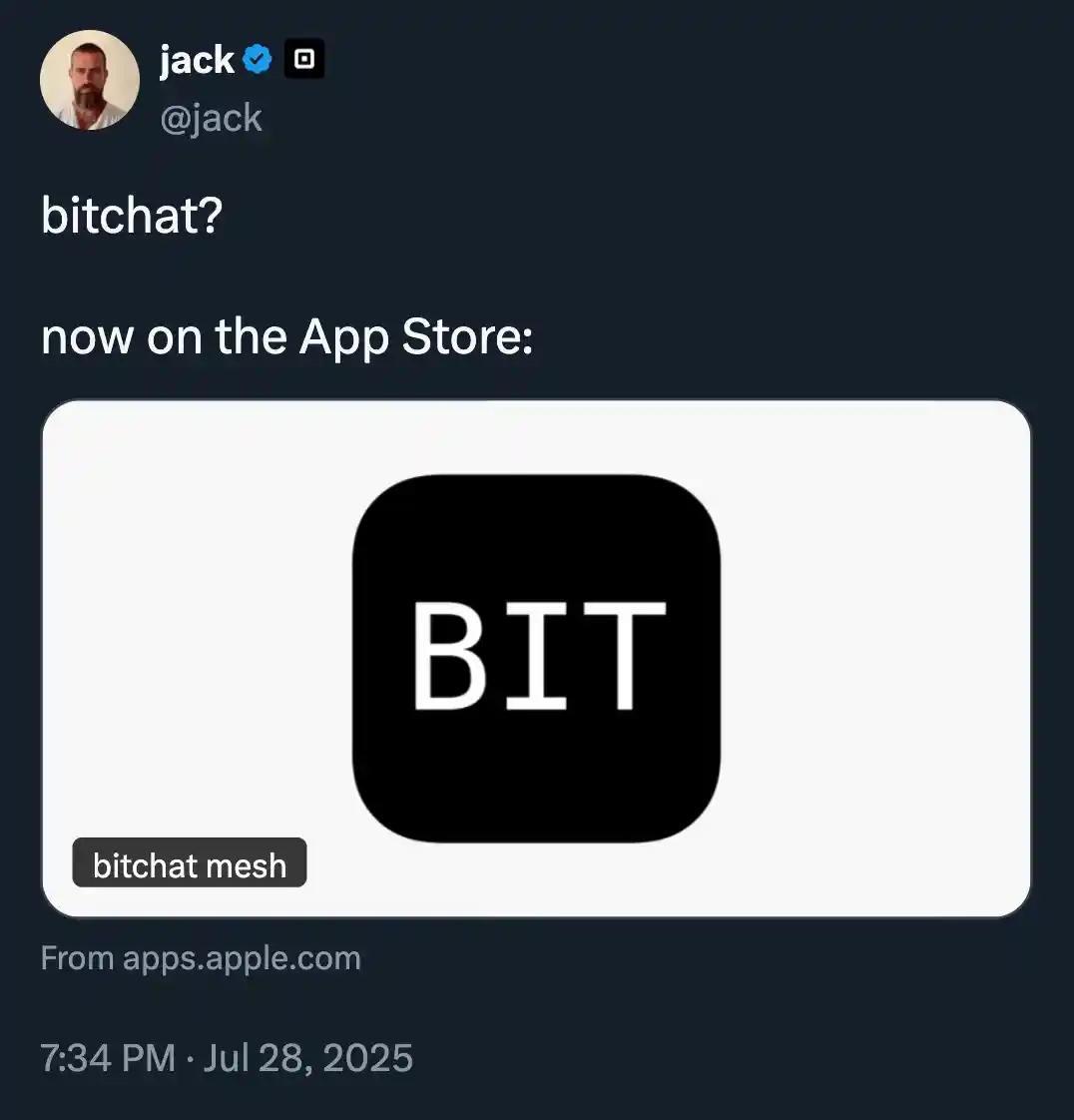 bitchat? now on the App Store / July 28, 2025 @jack Twitter
